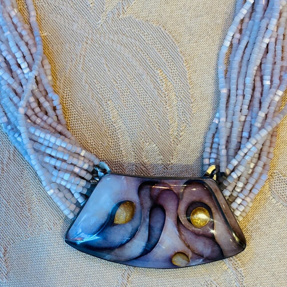 Signed Kathryn Regier Gough Enamel Pendant, Lavender and Cream, Silver Backplate